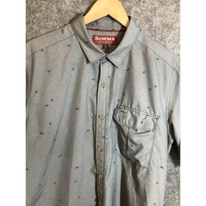 Simms Shirt Mens Large Gray Short Sleeve Button-Front Fishing Fly Print Pocket